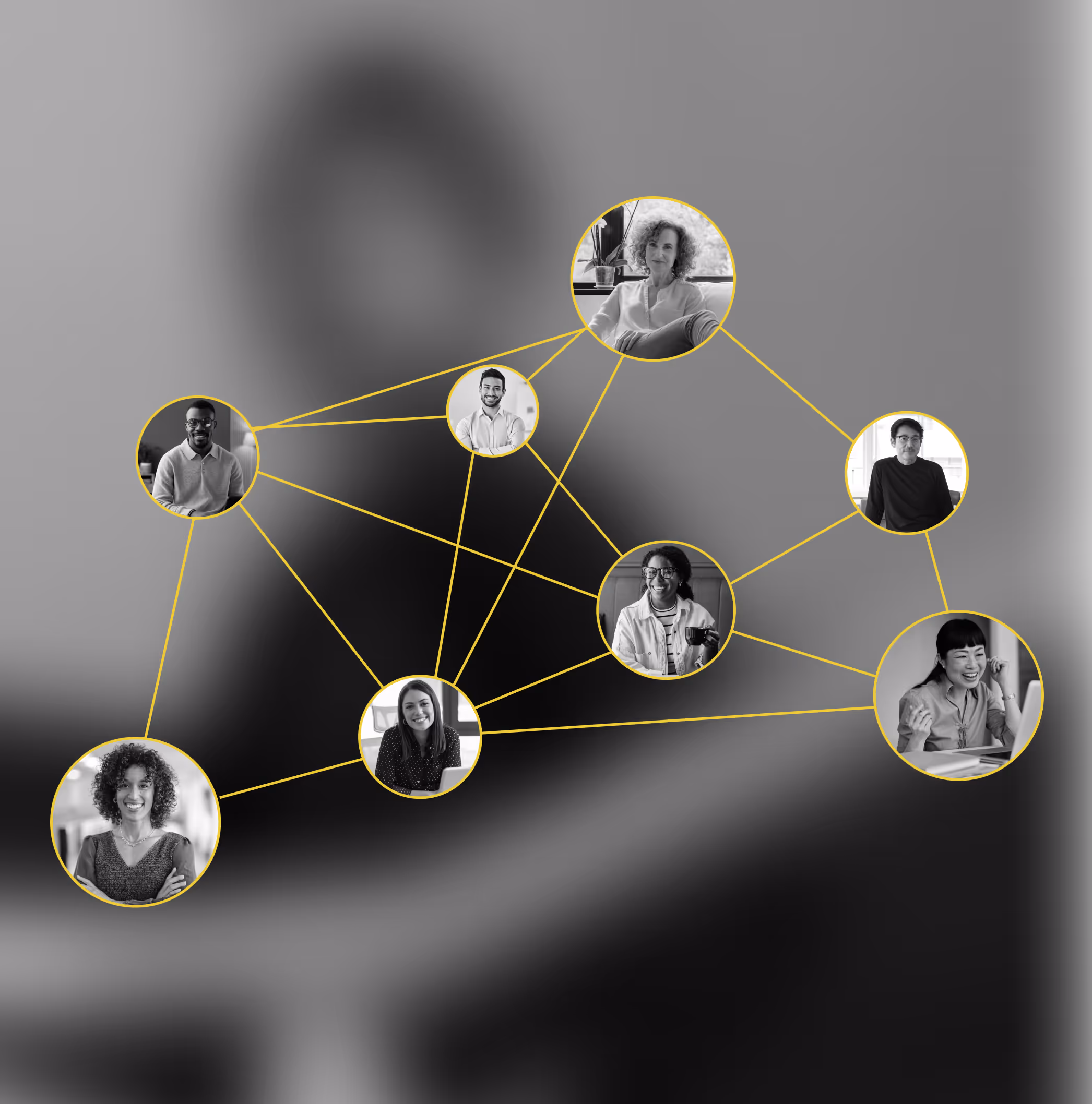 Network of diverse professional headshots connected by yellow lines on a blurred background, illustrating social or business connections.