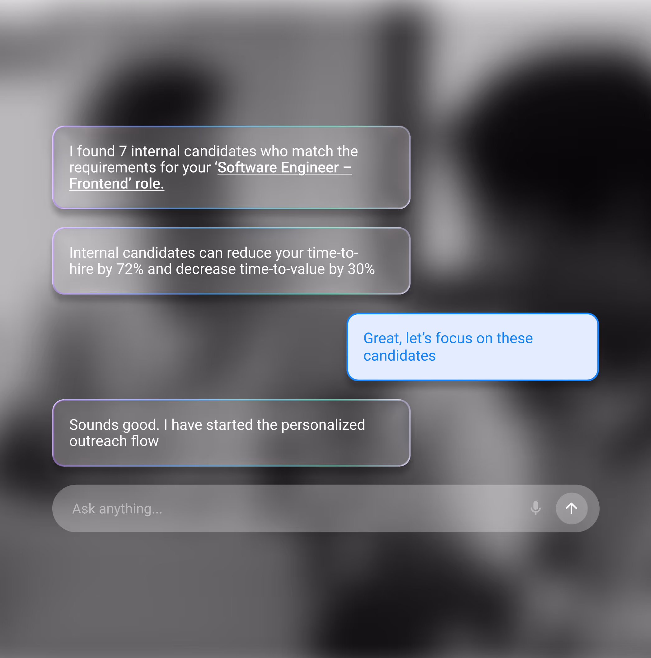 Chat conversation showing AI assistant finding 7 internal candidates for Software Engineer – Frontend role and starting personalized outreach.
