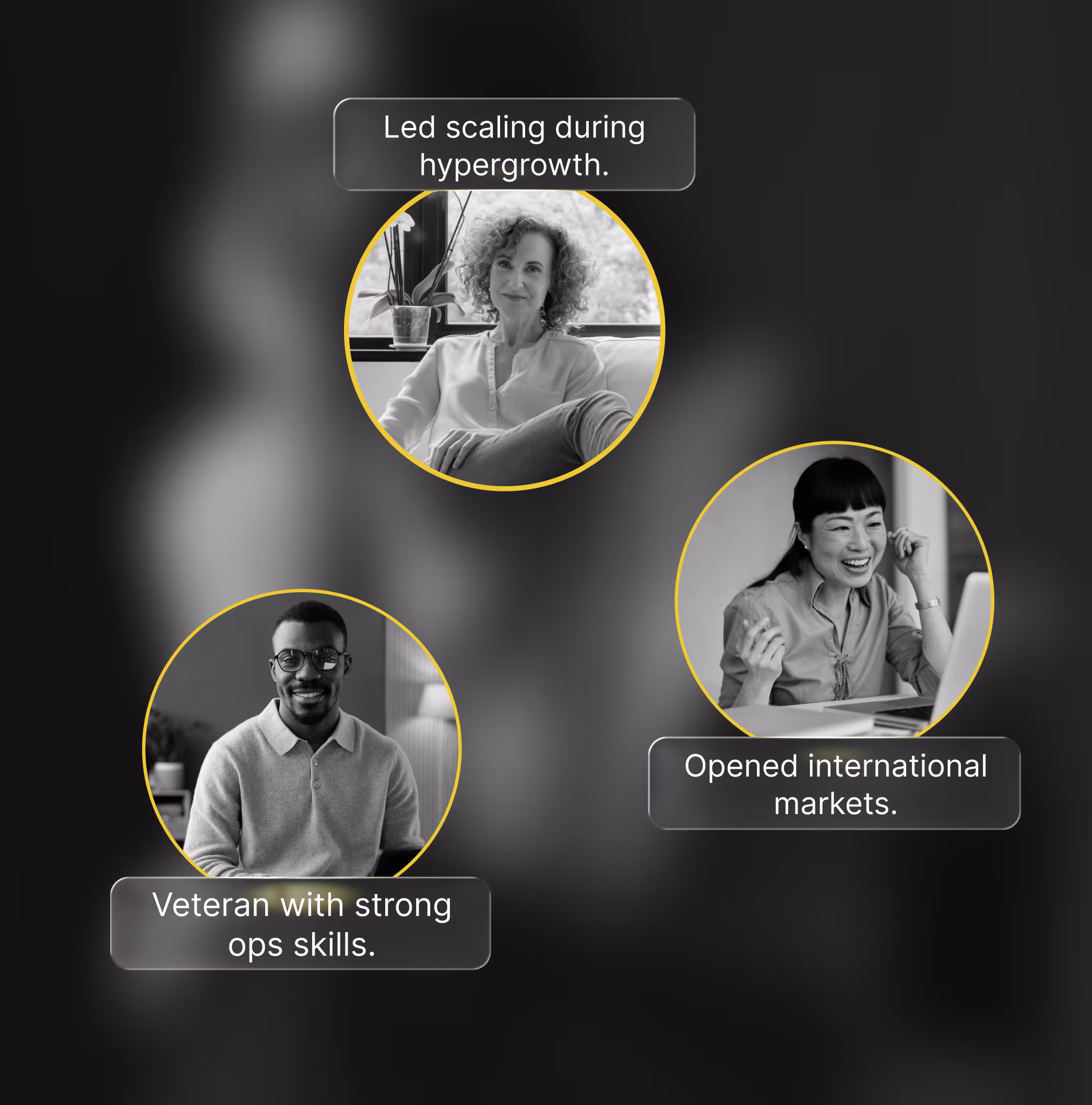 Three diverse professionals in circular frames with captions highlighting leadership in hypergrowth, strong operations skills, and opening international markets.