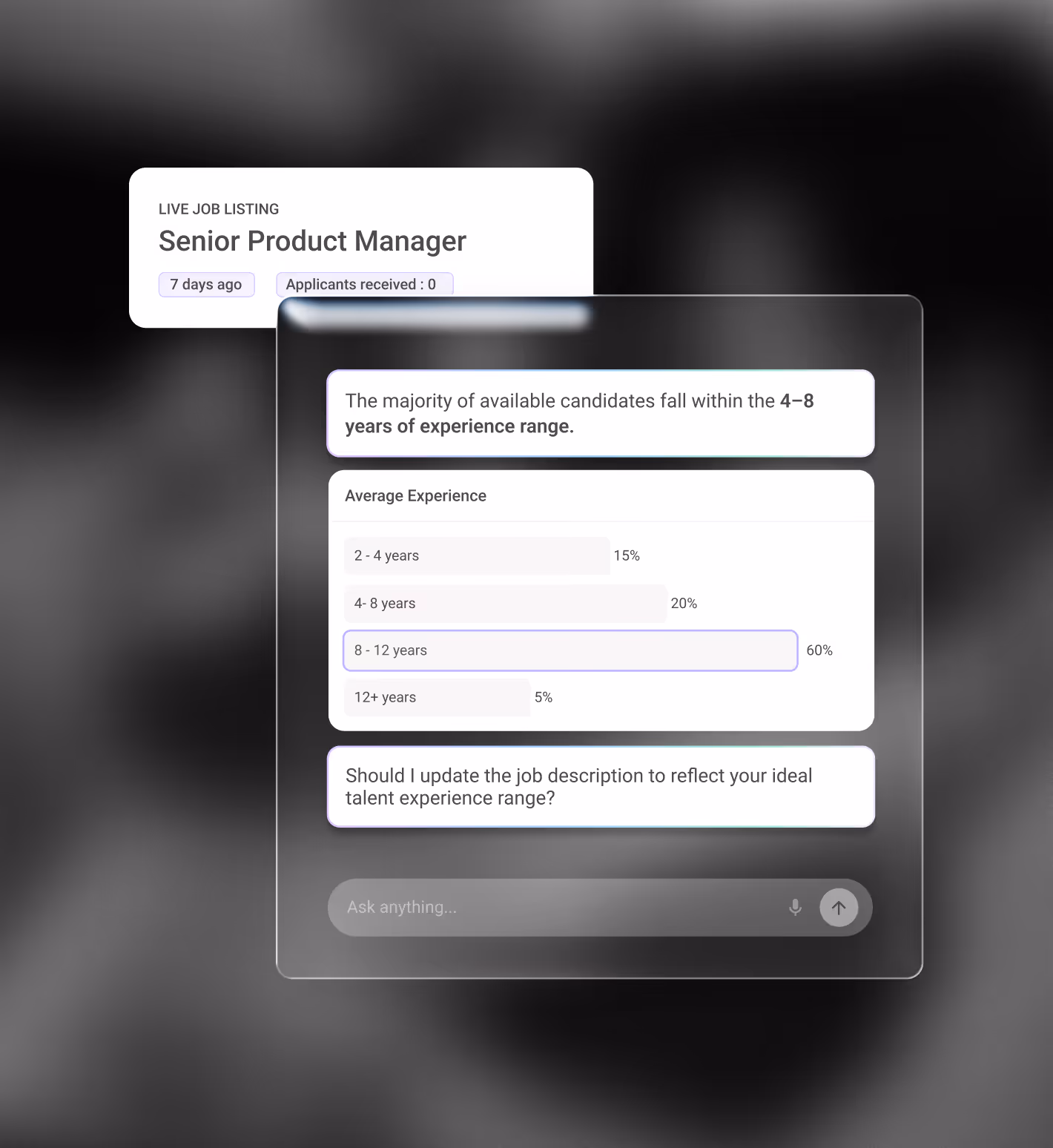Screen showing job listing for Senior Product Manager and candidate experience distribution from 2 to 12+ years.