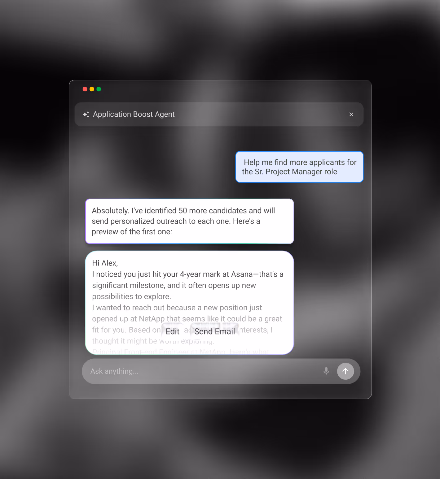 Chat window showing an AI assistant helping find applicants for a Sr. Project Manager role with a message preview.