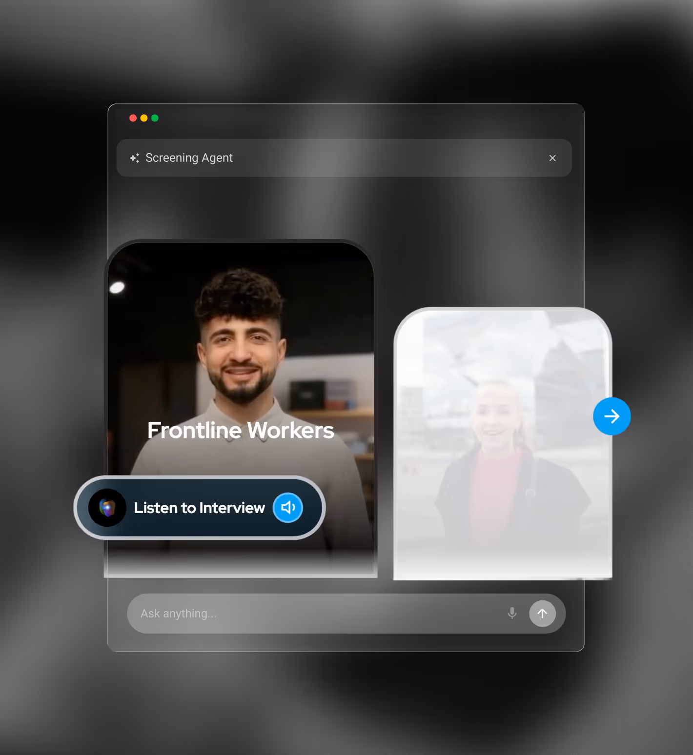 Screen interface showing 'Frontline Workers' with a smiling man and a button labeled Listen to Interview.