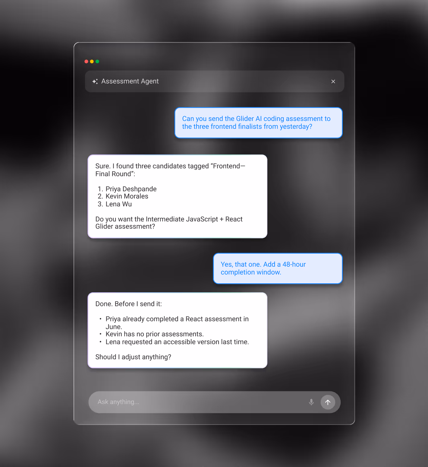 Chat interface showing an AI assistant helping send a JavaScript and React coding assessment to candidates.