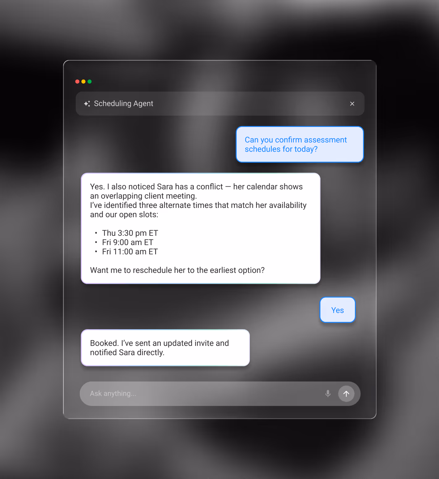 Chat window showing a scheduling agent confirming schedules and resolving a calendar conflict for Sara.