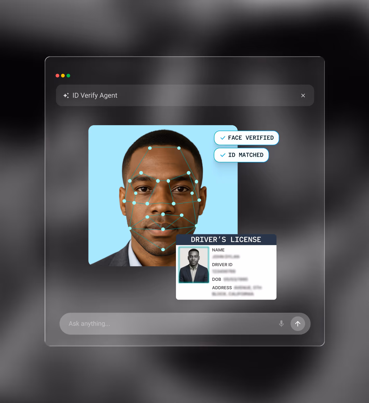 Interface showing facial recognition verifying a man's photo with matching driver's license details.