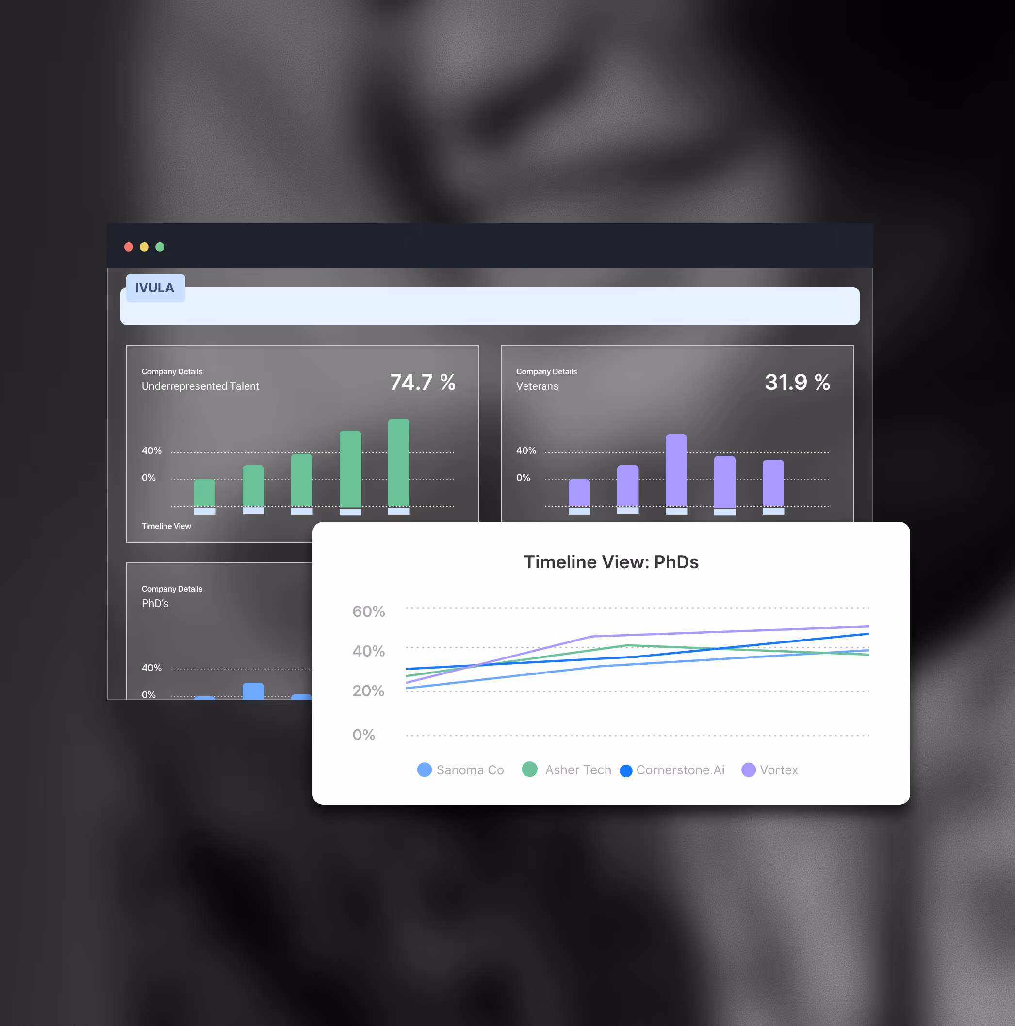 Dashboard showing company diversity data with bar charts for Underrepresented Talent and Veterans, and a line graph comparing PhDs trends over time for Sanoma Co, Asher Tech, Cornerstone.ai, and Vortex.