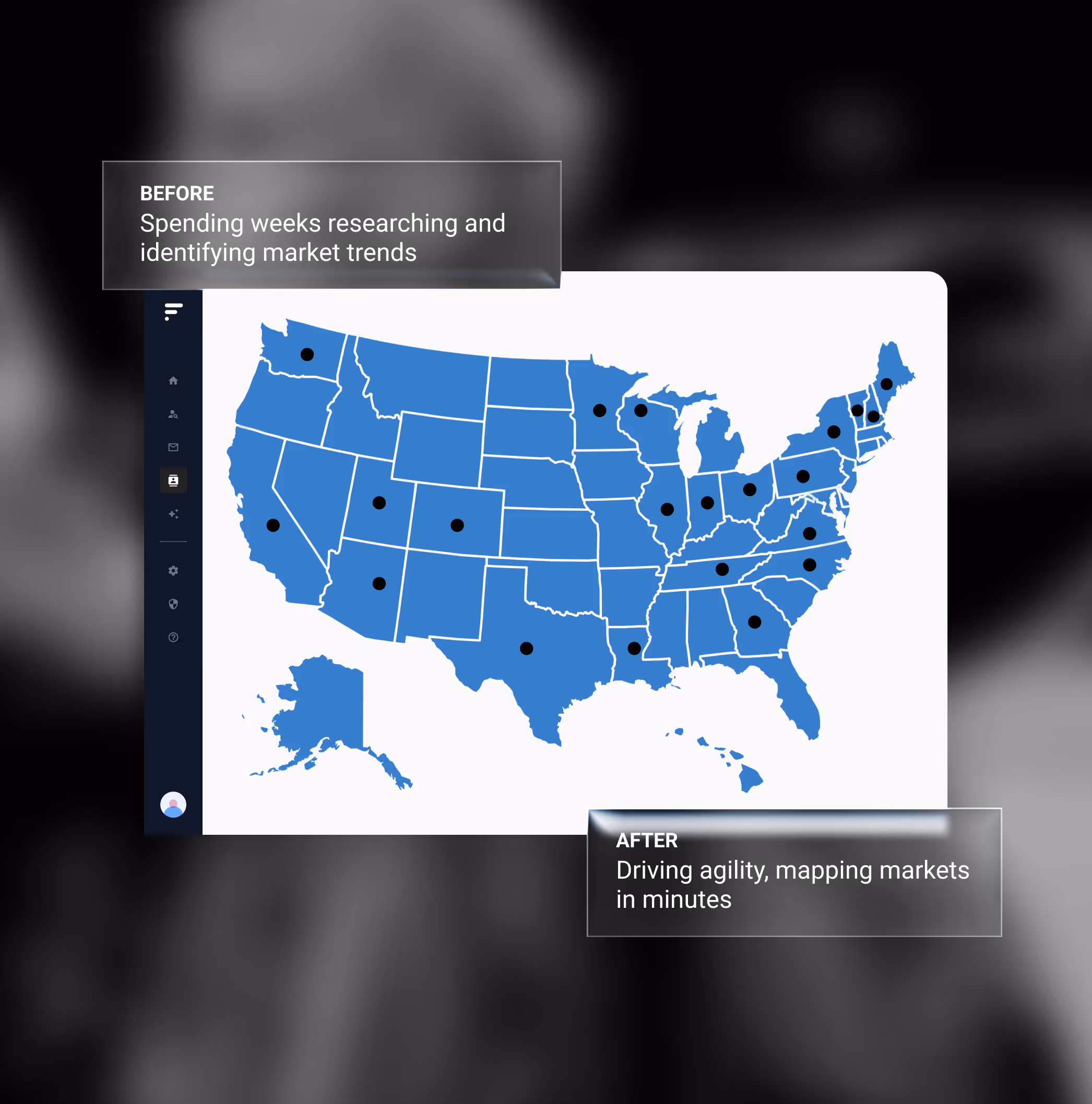 Map of the United States with black dots marking various states, accompanied by text highlighting before and after scenarios of market research and mapping agility.