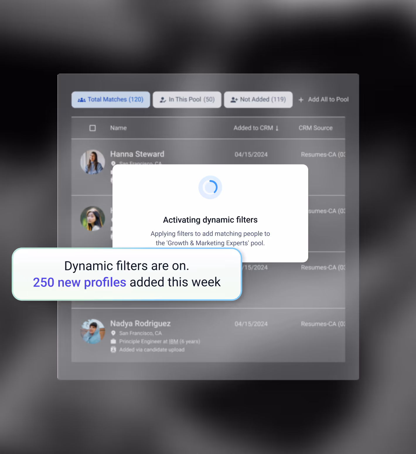 User interface screen showing dynamic filters being activated to add matching profiles to a 'Growth & Marketing Experts' pool, with a message stating 250 new profiles added this week.