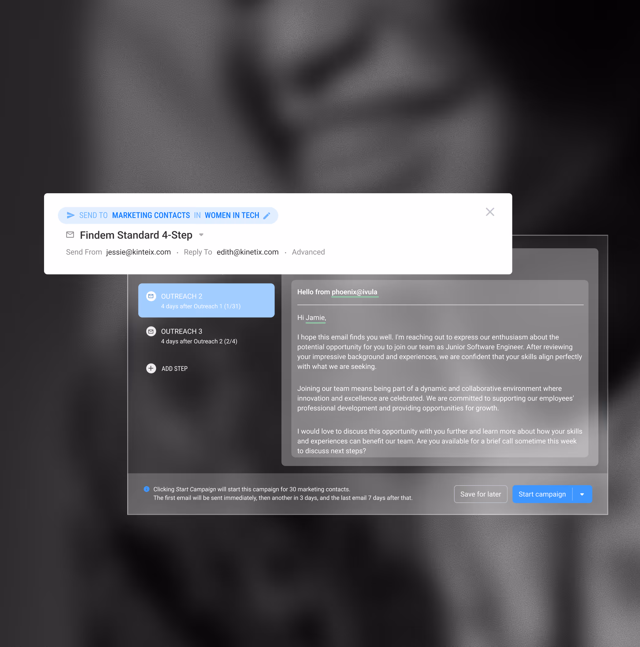 Email campaign interface showing a 4-step outreach to marketing contacts in the Women in Tech group with a personalized email inviting Jamie to join as Junior Software Engineer.