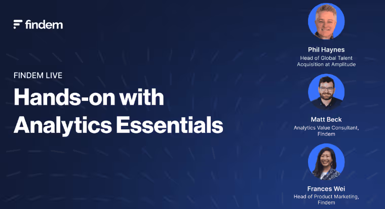 Findem live event titled Hands-on with Analytics Essentials featuring speakers Phil Haynes, Matt Beck, and Frances Wei.
