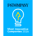 Fast Company 2026 Most Innovative Companies award badge with light bulb icon on blue background.