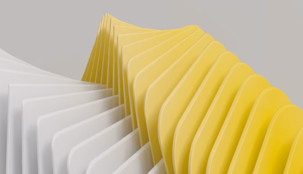 Abstract 3D image of white and yellow curved vertical panels arranged in a wave pattern.